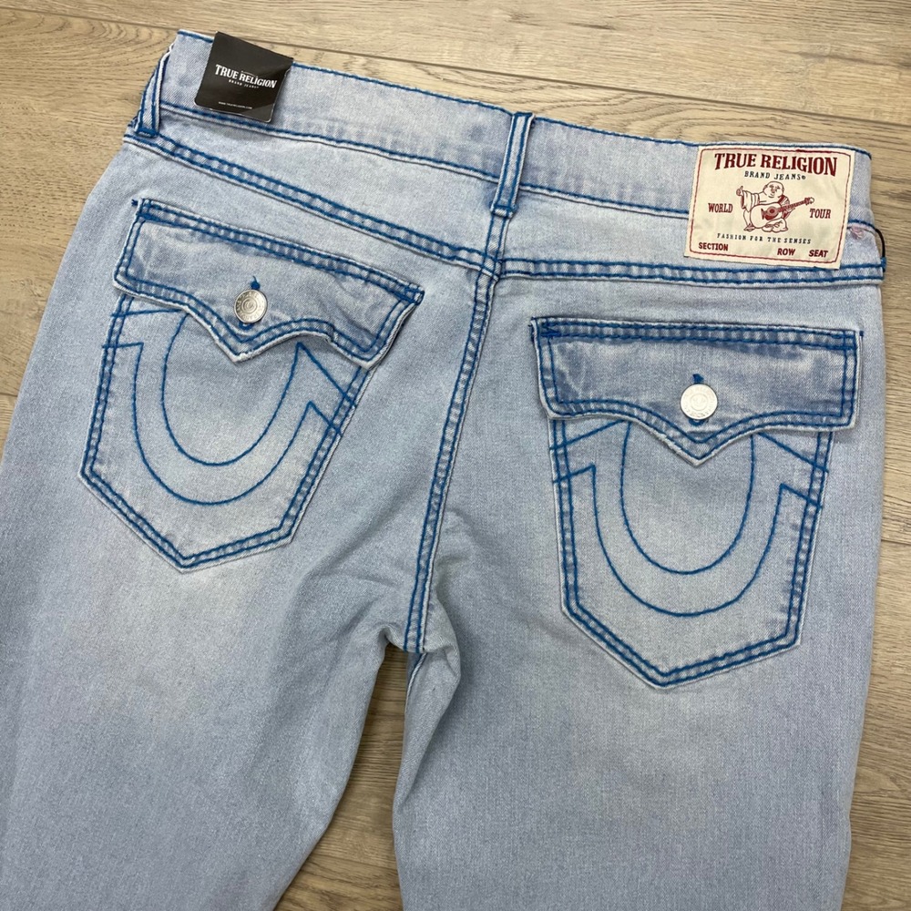 True Religion Geno Big T Flap Slim Jeans Mens 32 Light Blue Distressed 701454